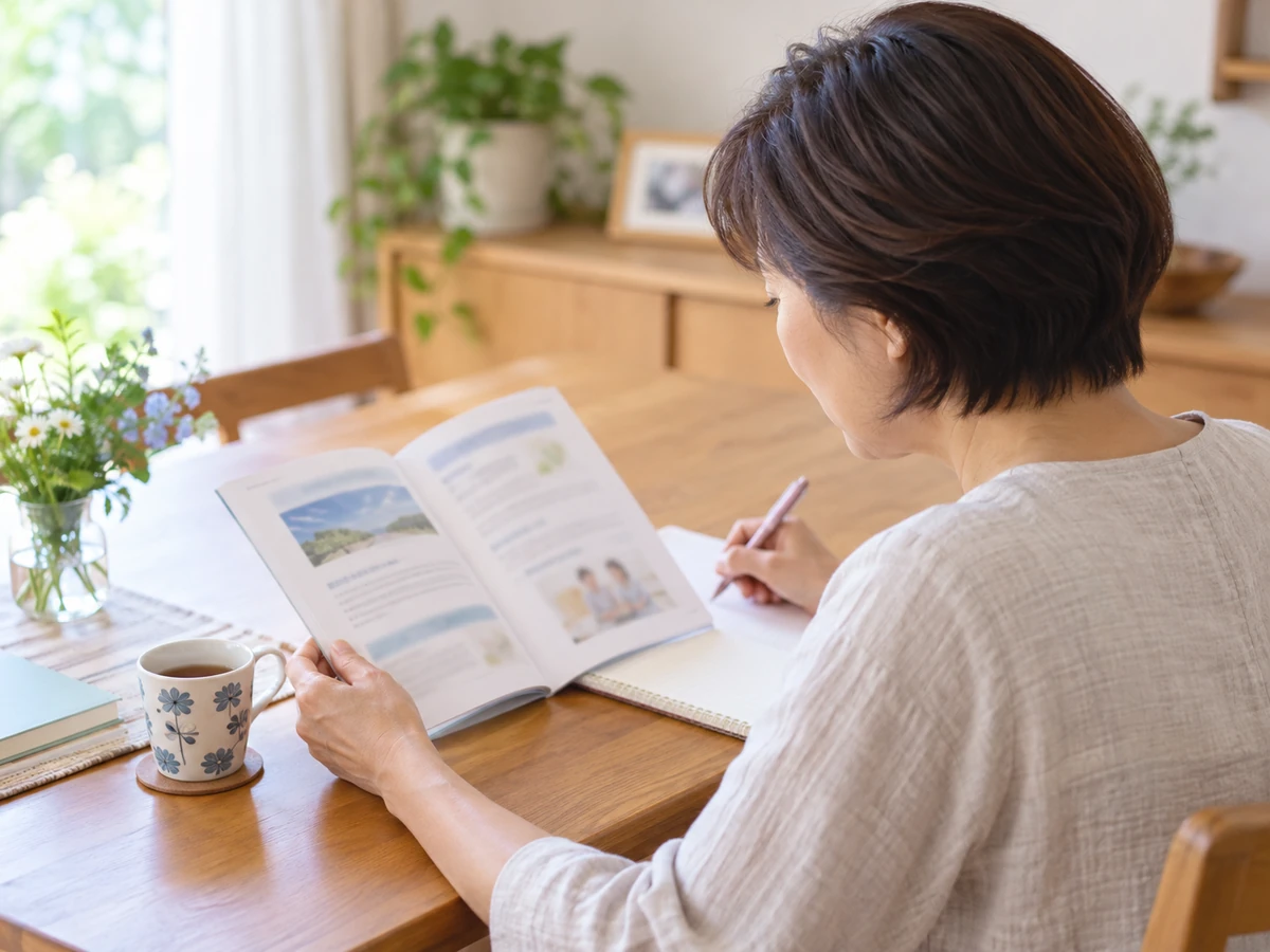 自宅のテーブルで冊子を読み、ノートにメモを取る女性のイメージ。