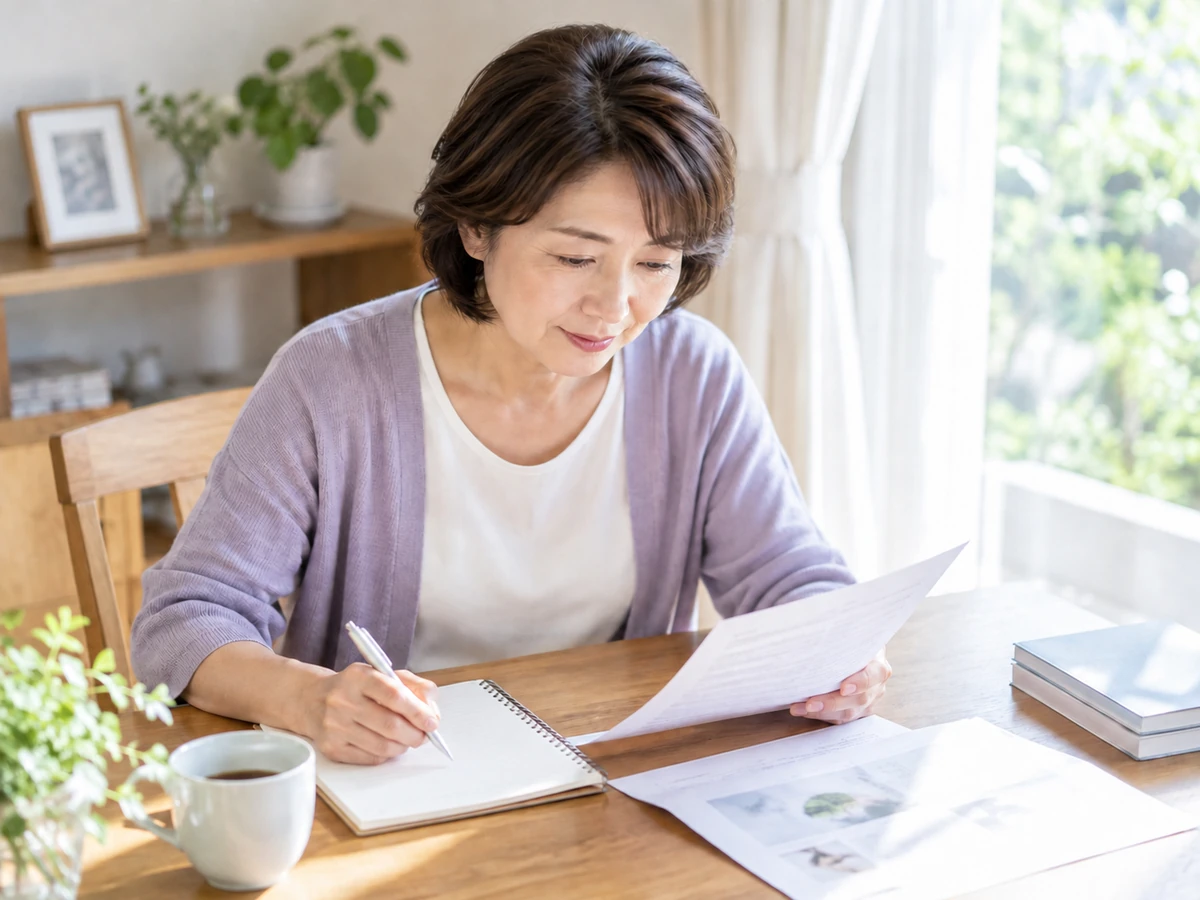 自宅で資料を読み、質問をノートにまとめる女性のイメージ写真