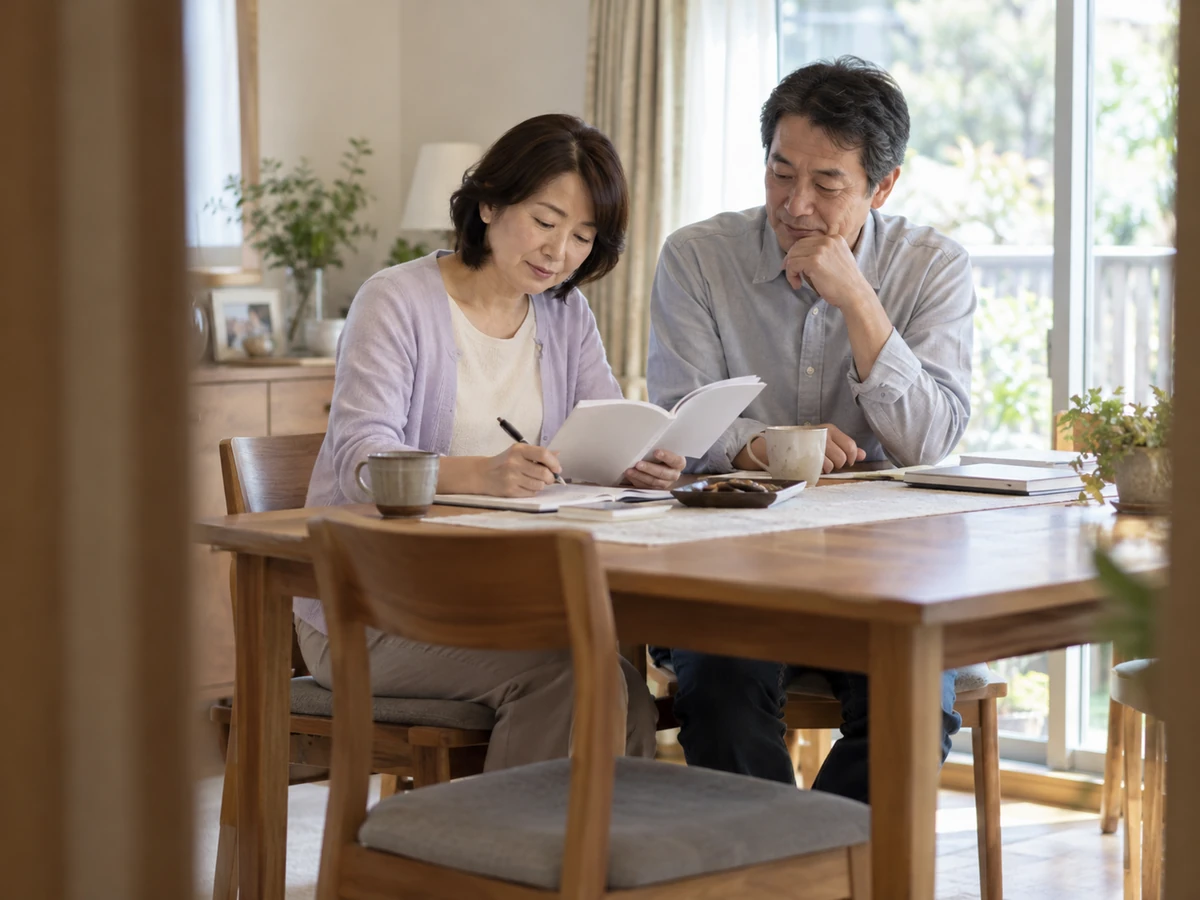自宅で冊子を読み、夫とともにメモを取る女性
