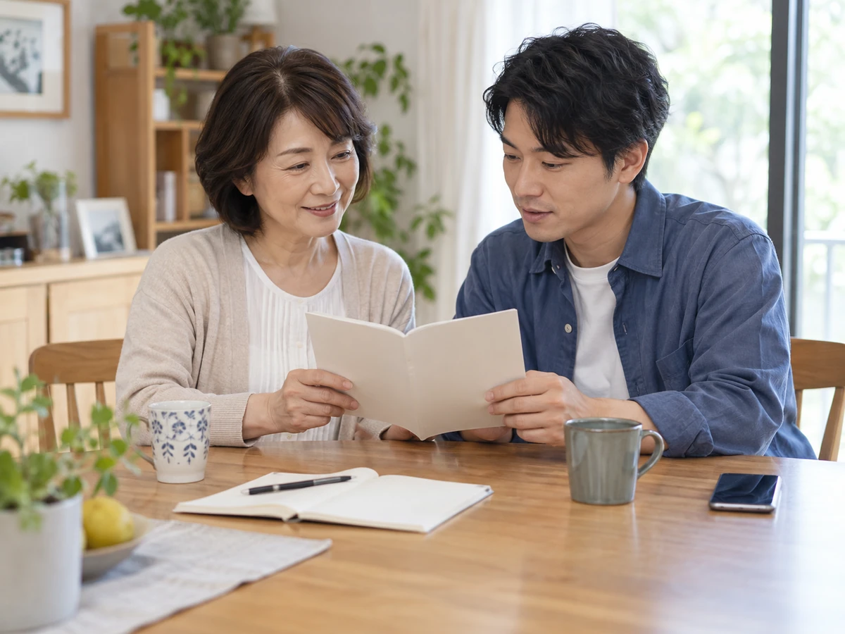 自宅のテーブルで、女性と若い男性が冊子を一緒に読んでいる。
