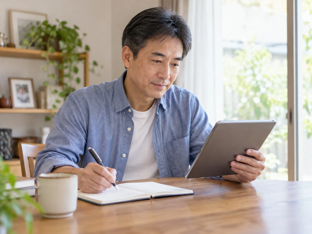 自宅でタブレットを確認しながらノートに書き留める男性。