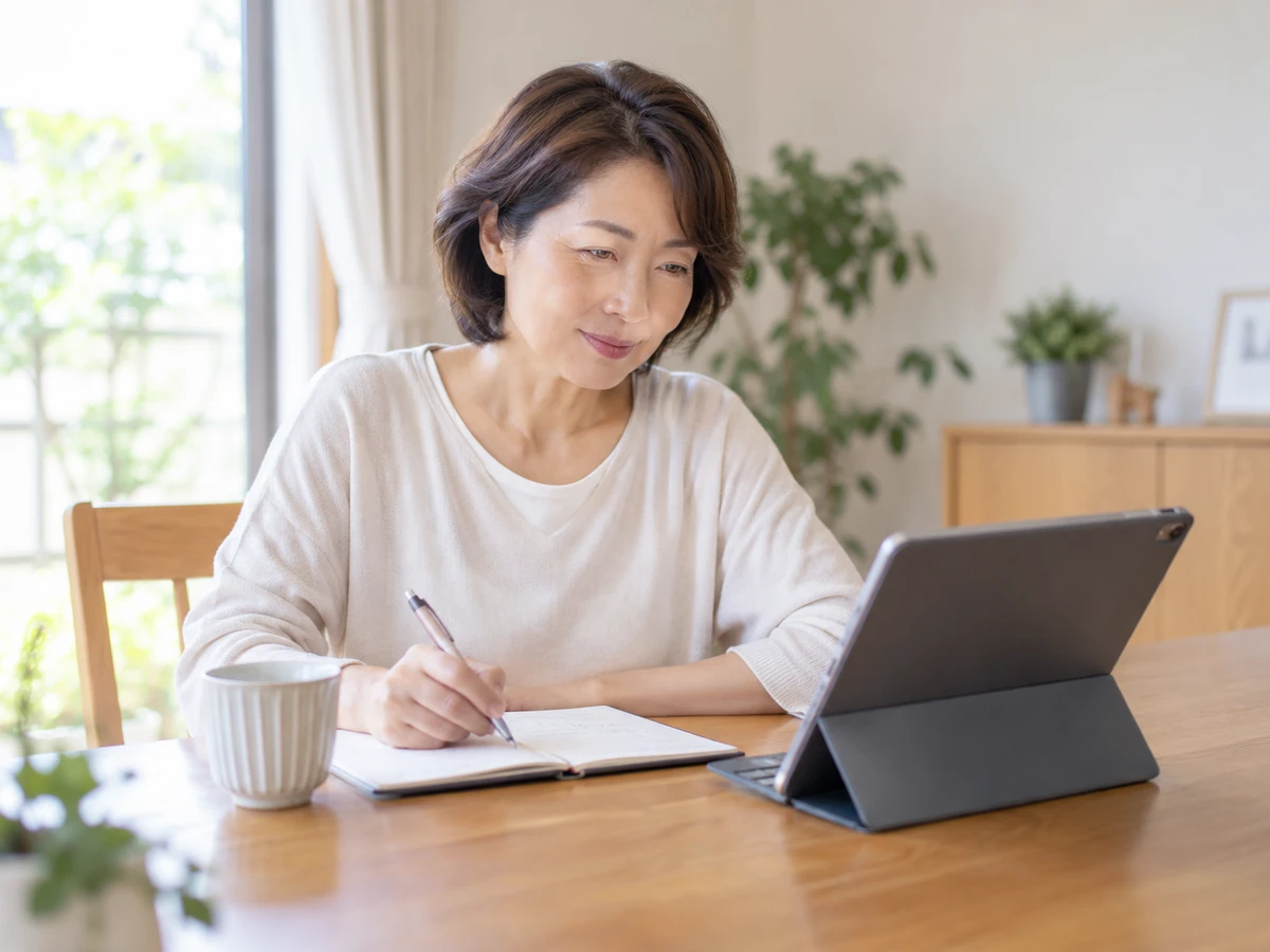 自宅でタブレットを見ながらノートに書き留める女性