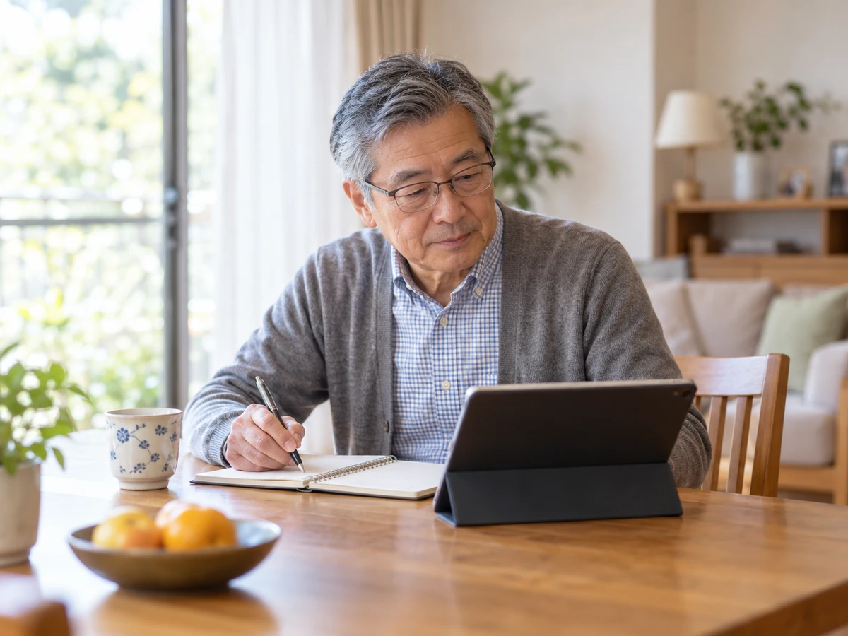 自宅で男性がタブレットを見ながらノートに書き留めている様子