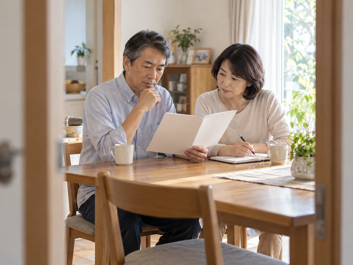 自宅で冊子を読み、妻と一緒にメモを取る男性