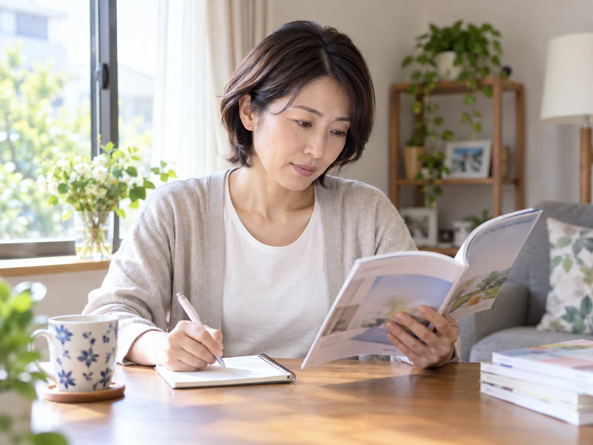 自宅で医療情報の冊子を読み、ノートにメモを取る女性。