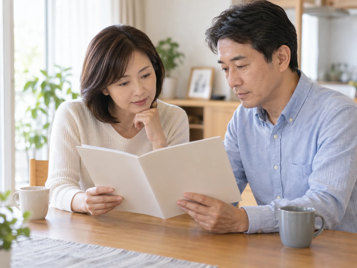 自宅で資料を読みながら病気について話し合う夫婦