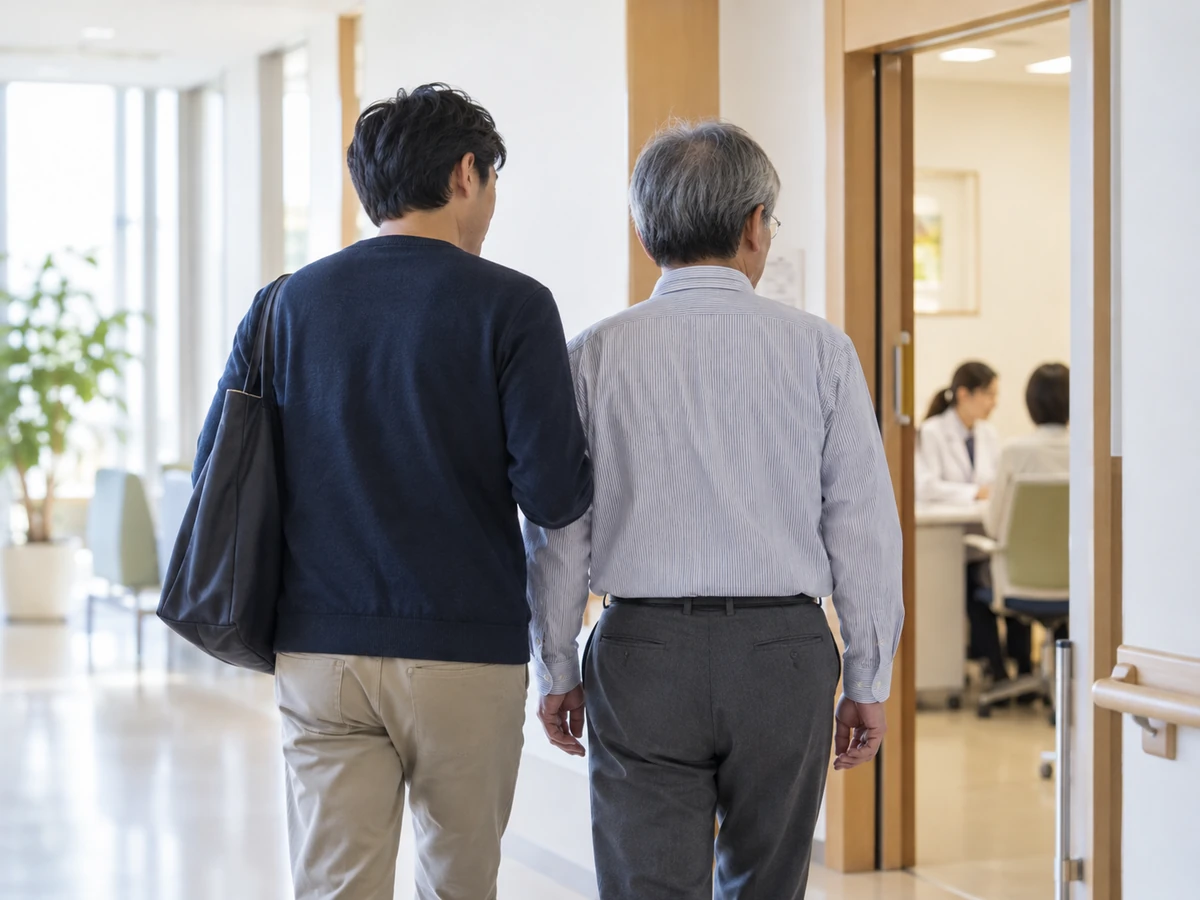 病院の廊下を息子と並んで歩く男性