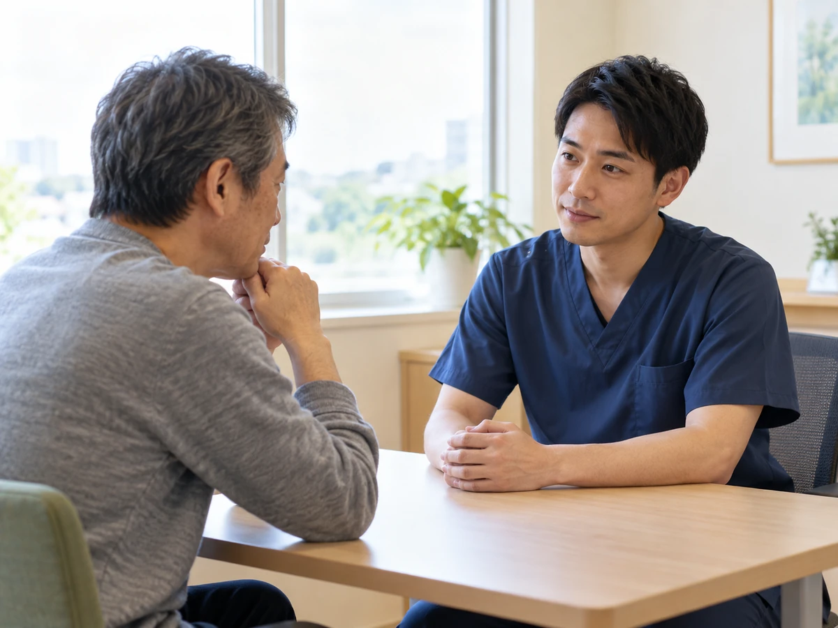 男性が看護師と向かい合って相談する様子
