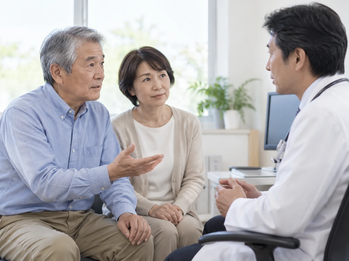 妻が同席する診察室で、男性が医師に質問する様子