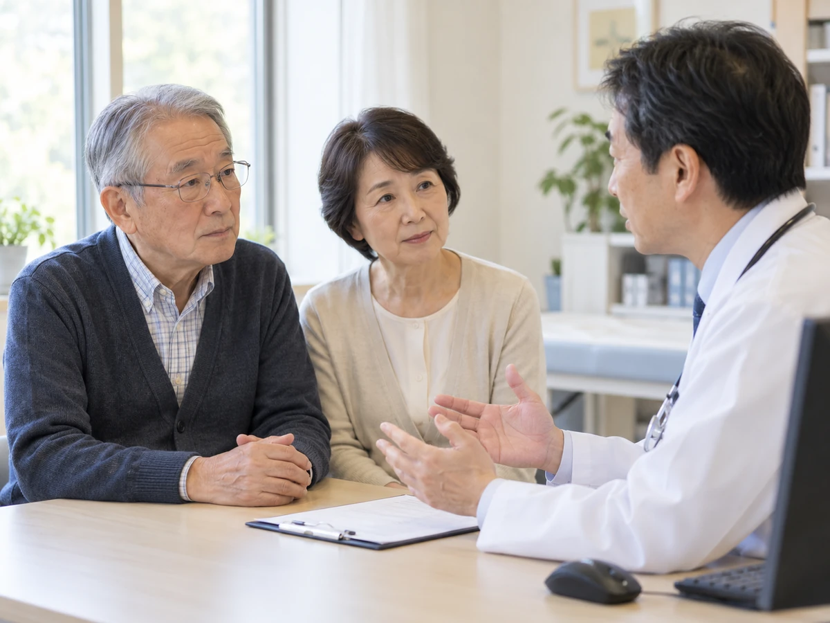 診察室で年配の夫婦が男性医師の説明を聞いている様子