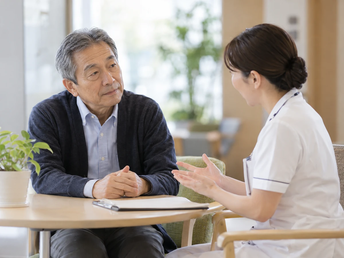 男性が看護師と向かい合い、説明を聞いている。