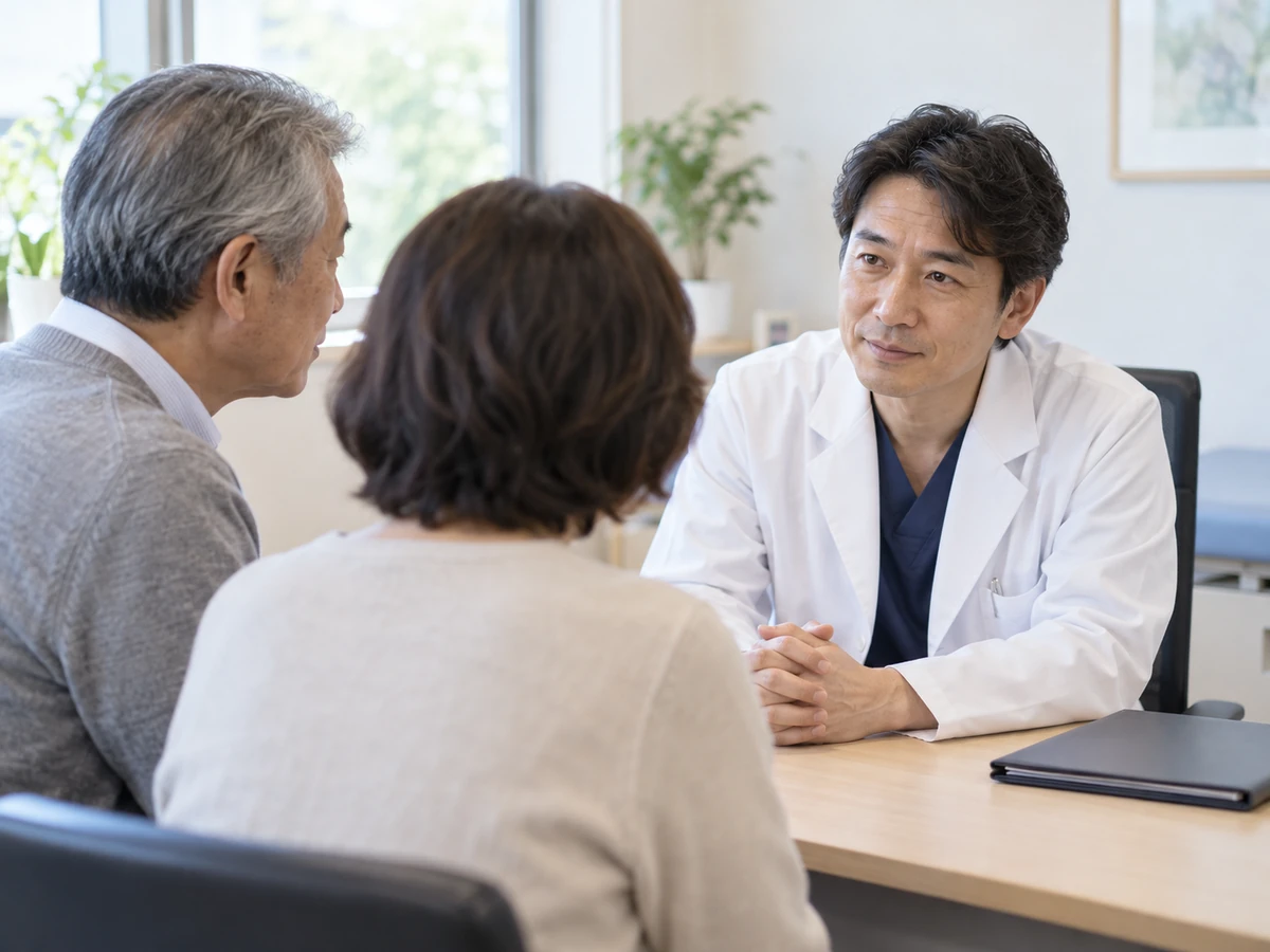 診察室で男性と家族の話を聞く医師のイメージ。