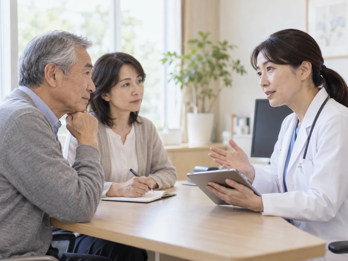 男性が家族とともに医師の説明を聞き、家族がメモを取っている。
