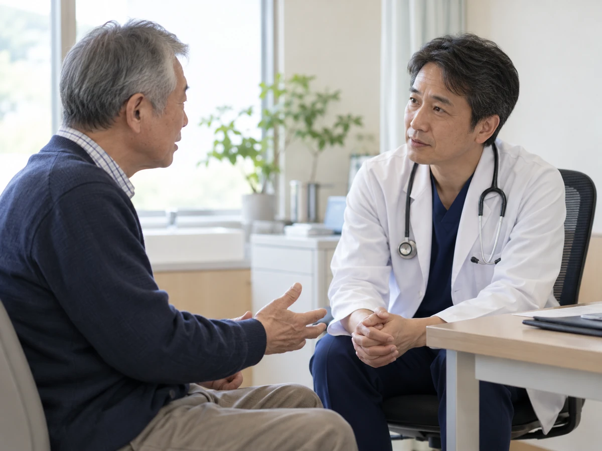 診察室で男性の話を聞く医師のイメージ写真