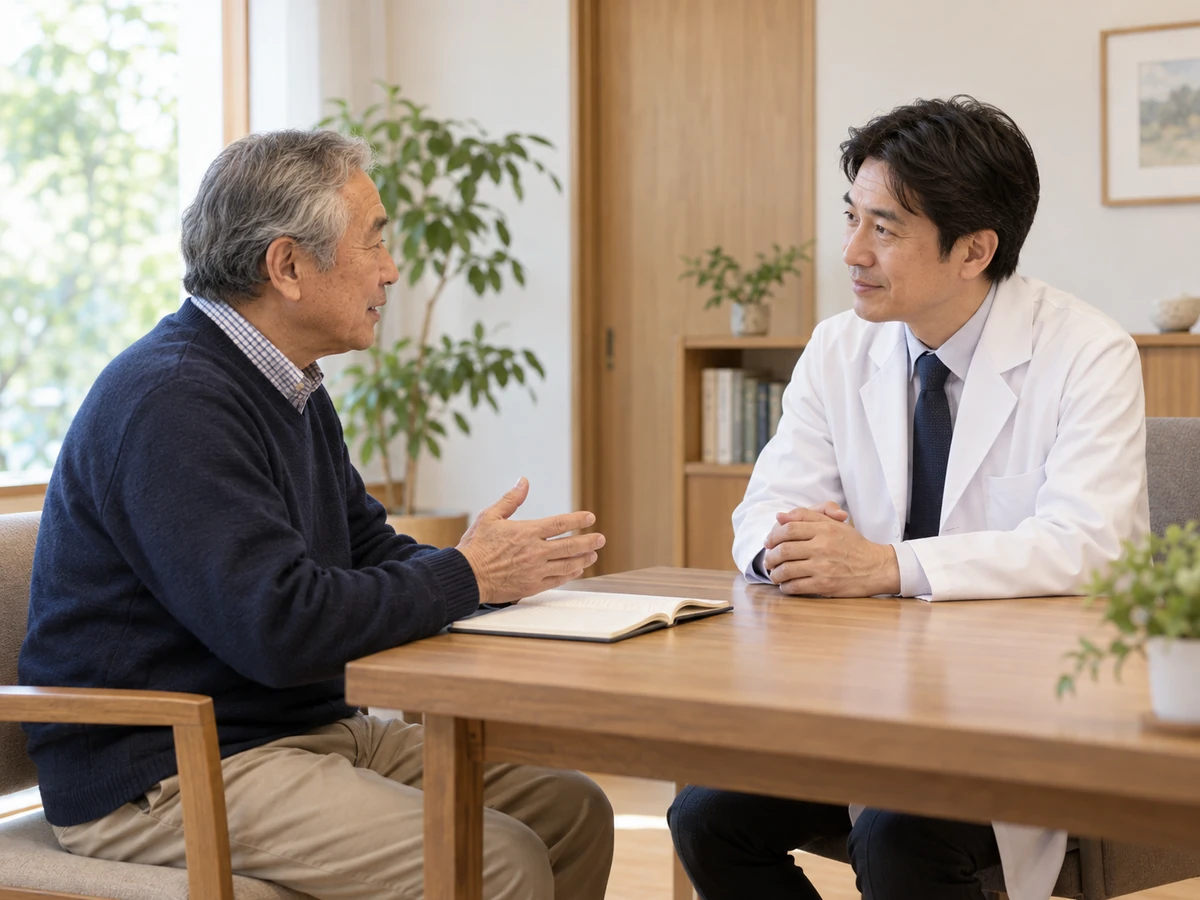 ノートを開いた男性が、向かい合う医師に話を聞いてもらっている。