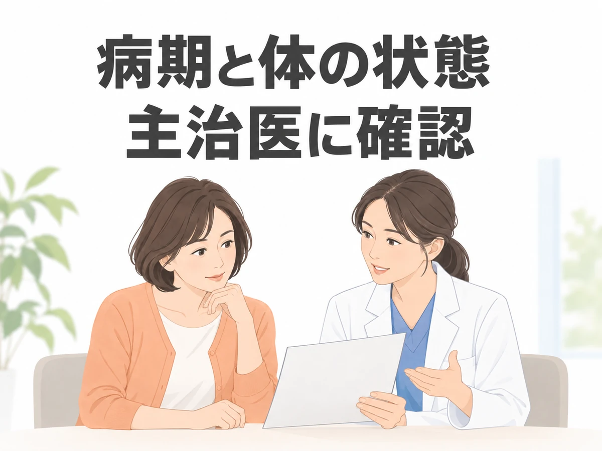 病期と体の状態を主治医に確認することを伝える、女性と医師のイラスト。