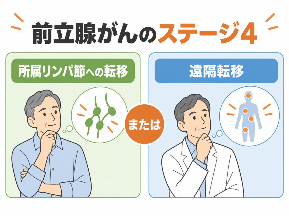 前立腺がんのステージ4は、所属リンパ節への転移または遠隔転移がある状態と示す図解