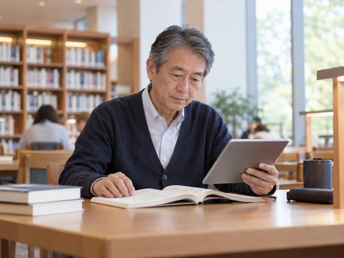 図書館の閲覧席で男性がタブレットと開いた資料を確認している様子