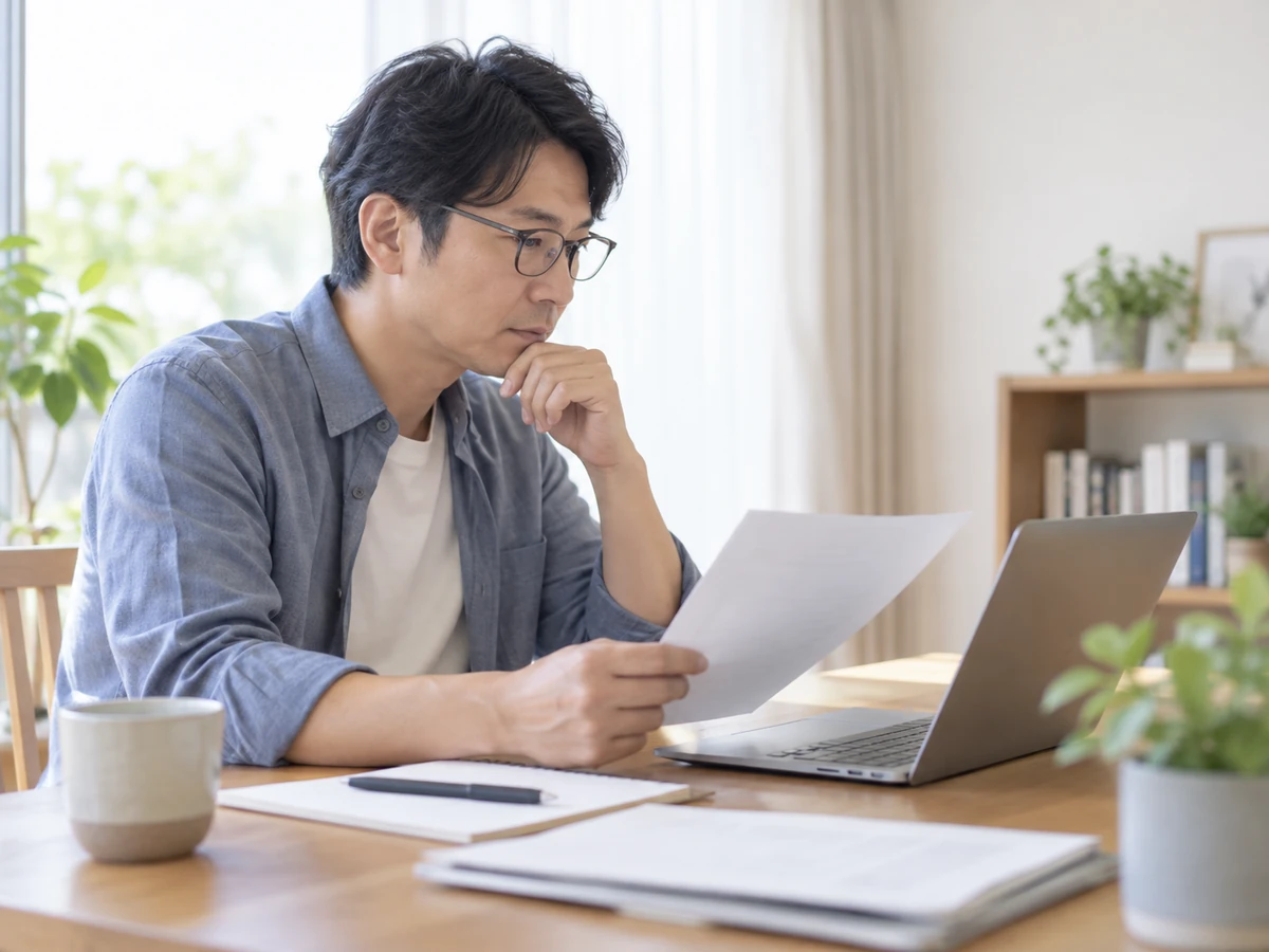 自宅でノートパソコンの情報と手元の資料を照合する男性