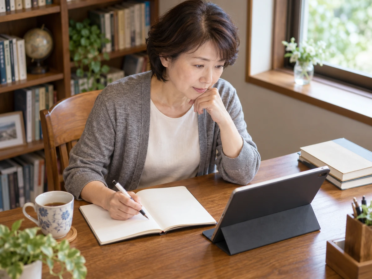 書斎でタブレットを確認しながらノートを取る女性。