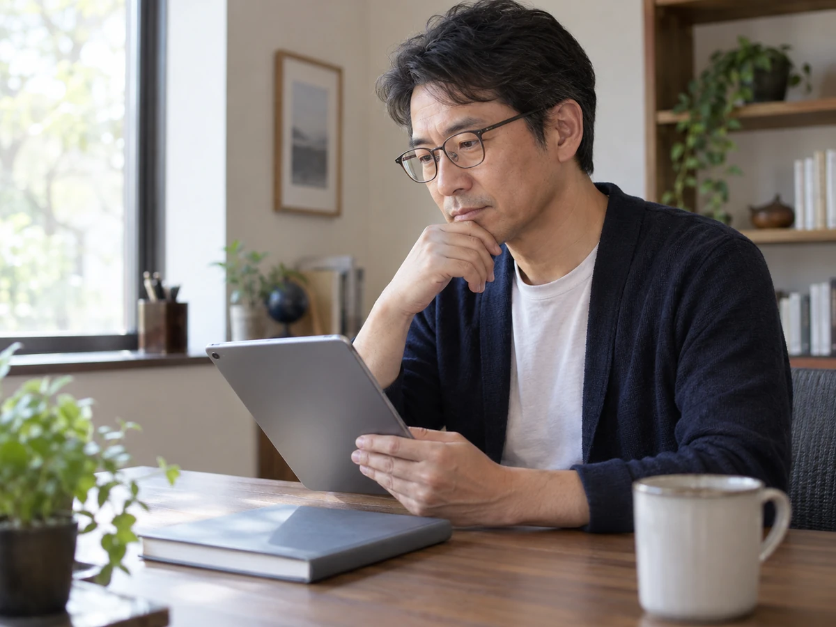 自宅の机でタブレットの情報を確認する男性