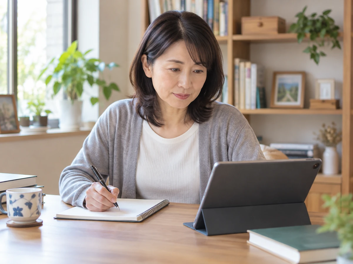 女性が自宅でタブレットを見ながらノートに情報を整理している。