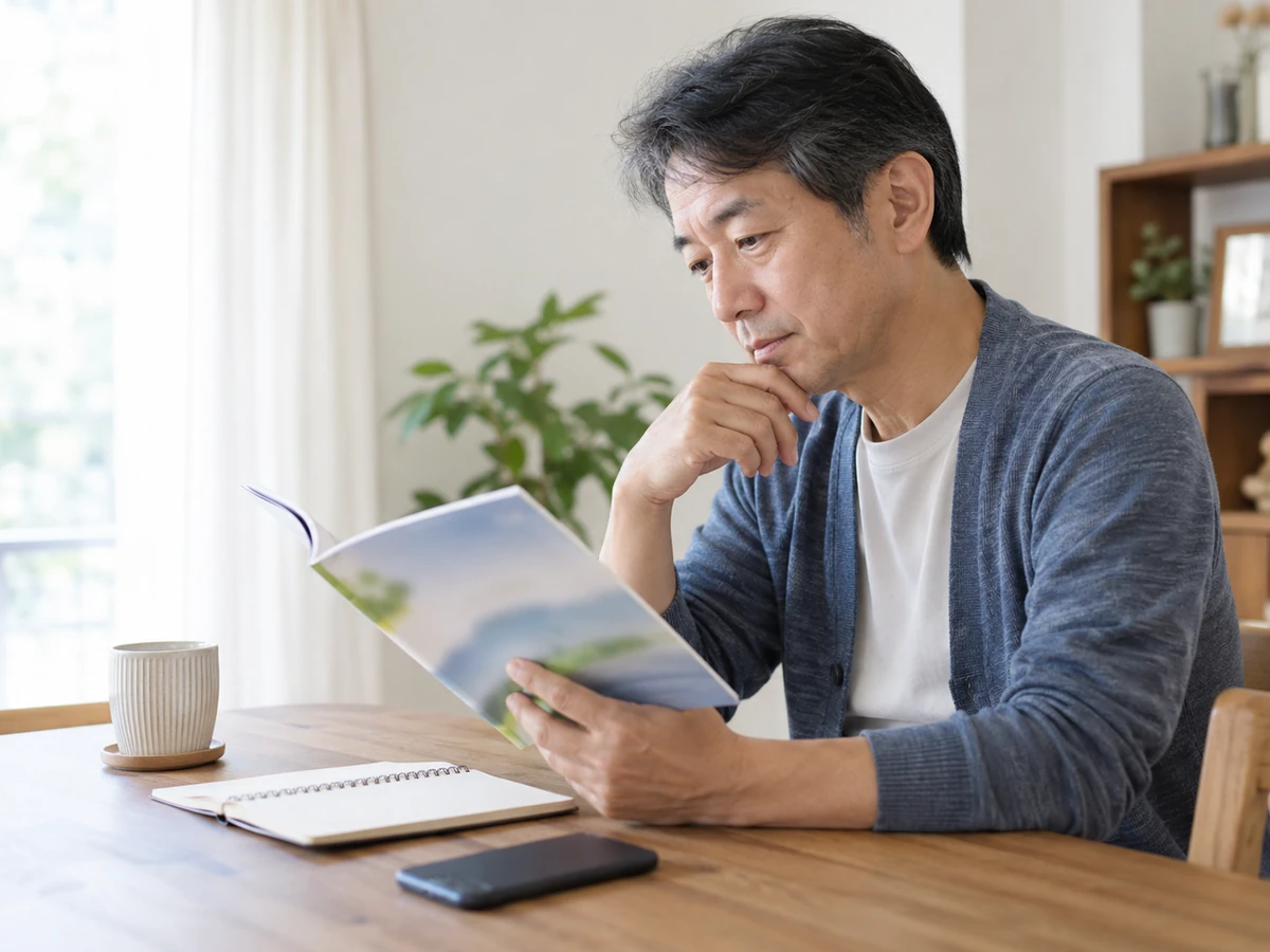 冊子を読みながら情報を確かめる男性と、机に置かれたノートの写真