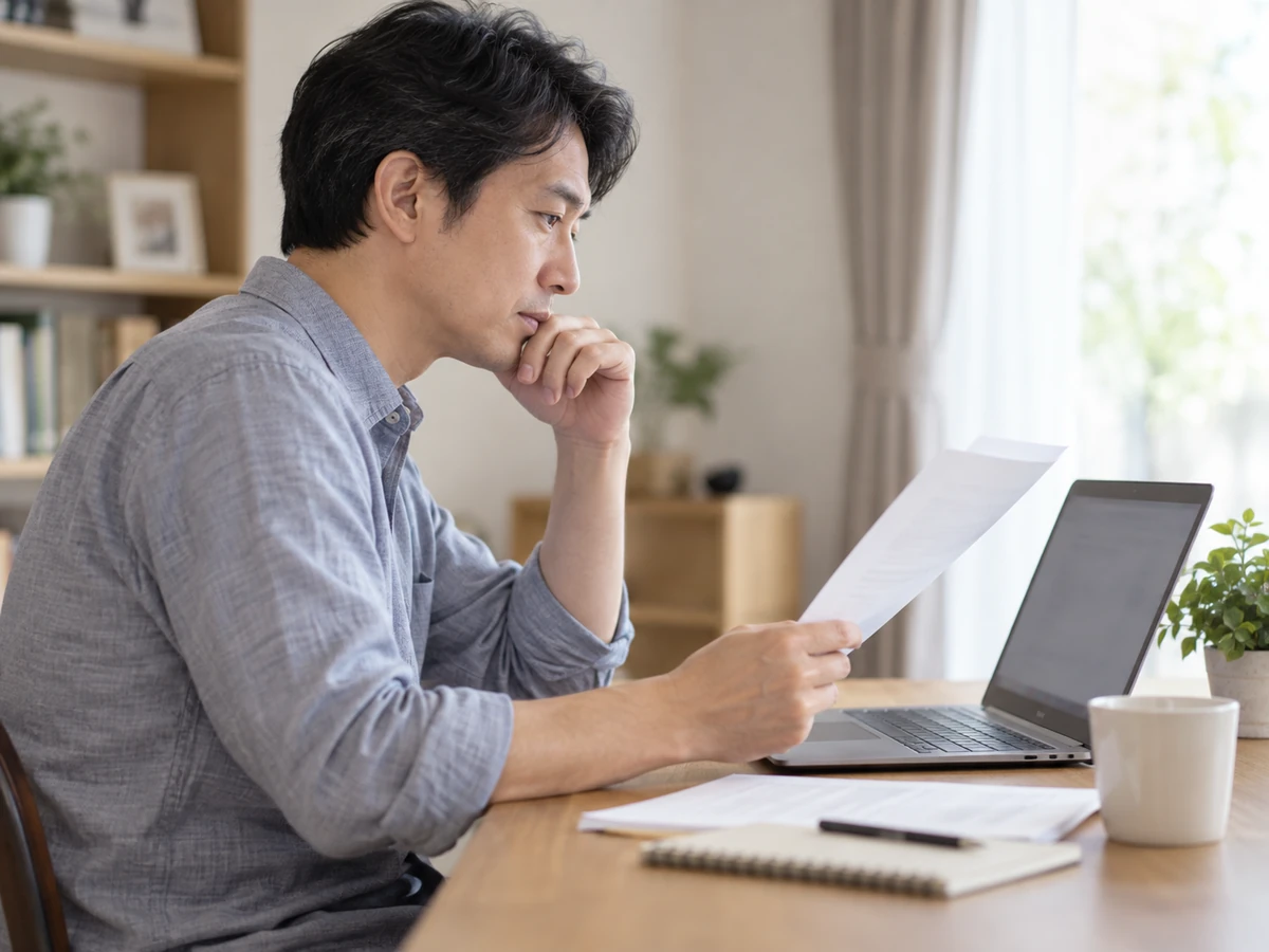 男性がノートパソコンと紙の資料を見比べ、情報を確認している。