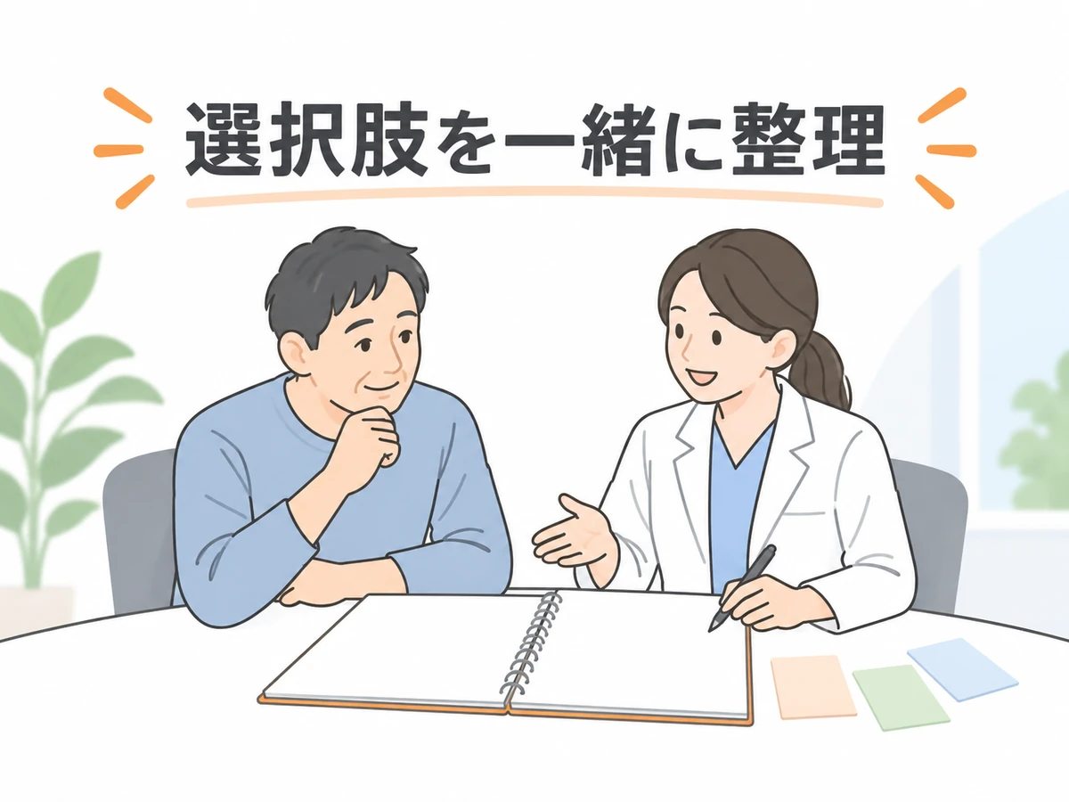 男性と医師がノートを広げ、「選択肢を一緒に整理」と伝えるイラスト。