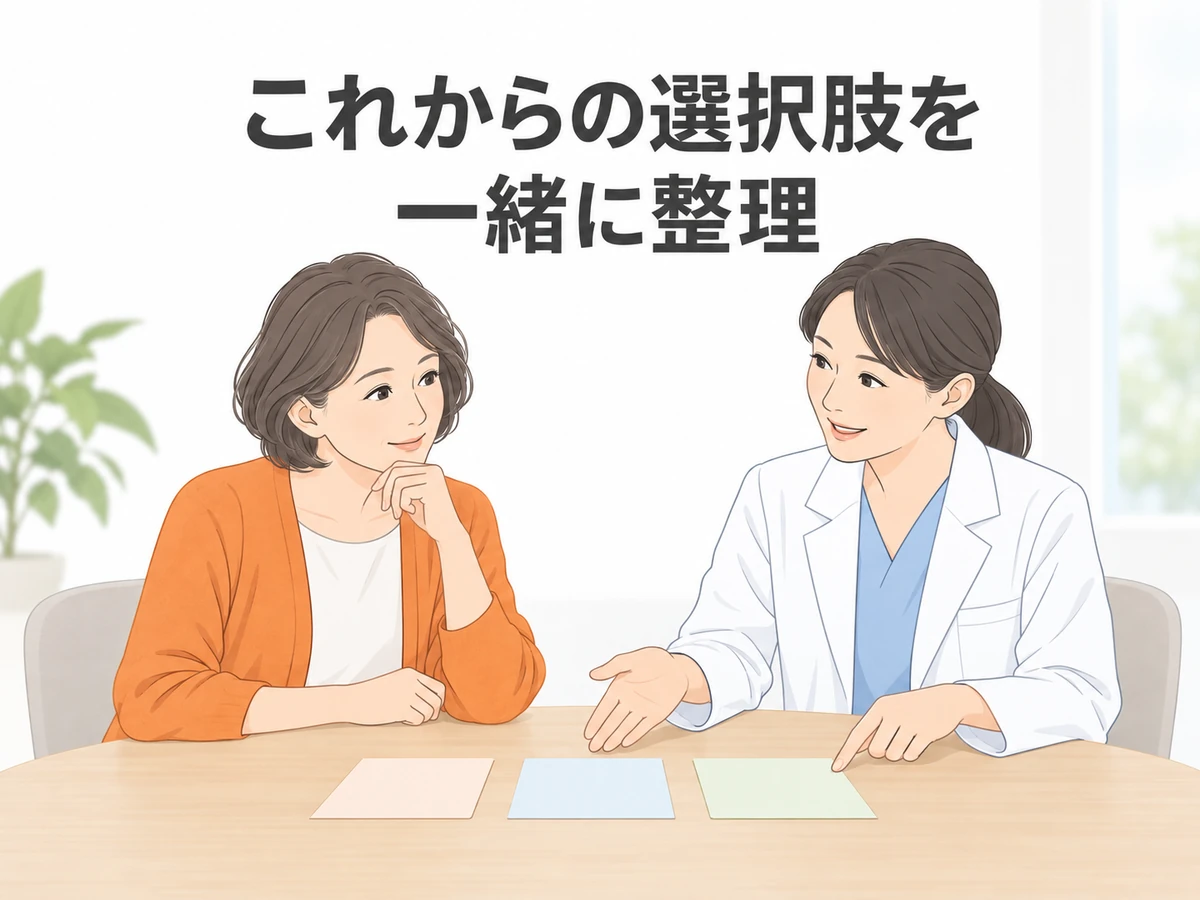 これからの選択肢を一緒に整理する女性と医師のイラスト。