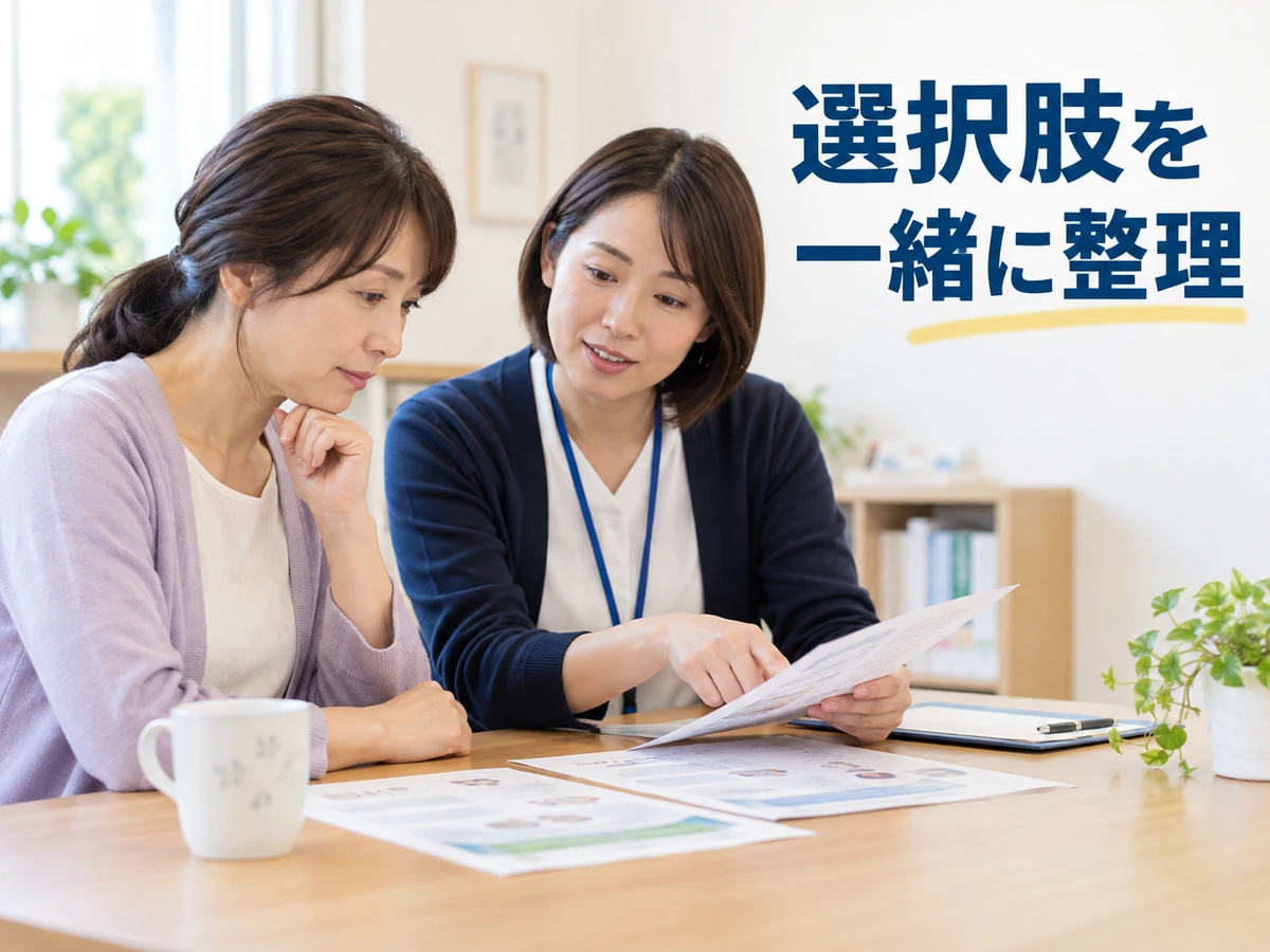 女性と相談員が資料を見ている写真に「選択肢を一緒に整理」と添えた画像。