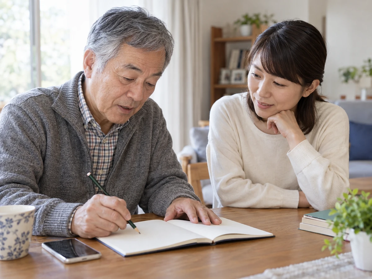 自宅で男性がノートに質問を書き、隣の女性が見守っている。