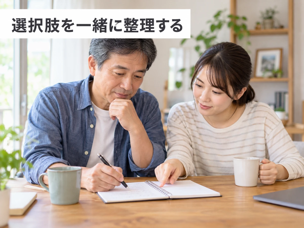 家族と質問を書き出す男性と「選択肢を一緒に整理する」の文字。