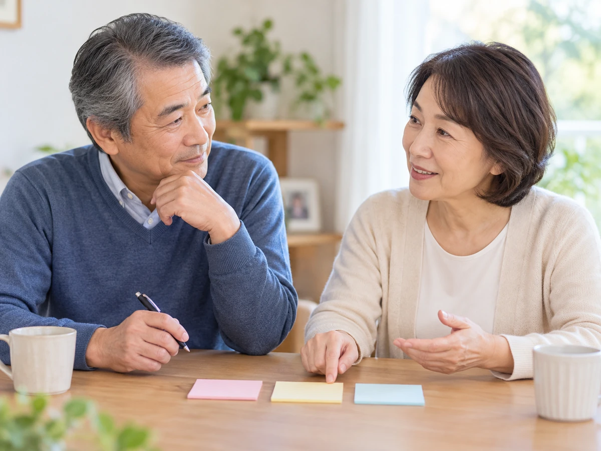 自宅で付箋を並べ、次の診察で聞くことを相談する夫婦のイメージ。