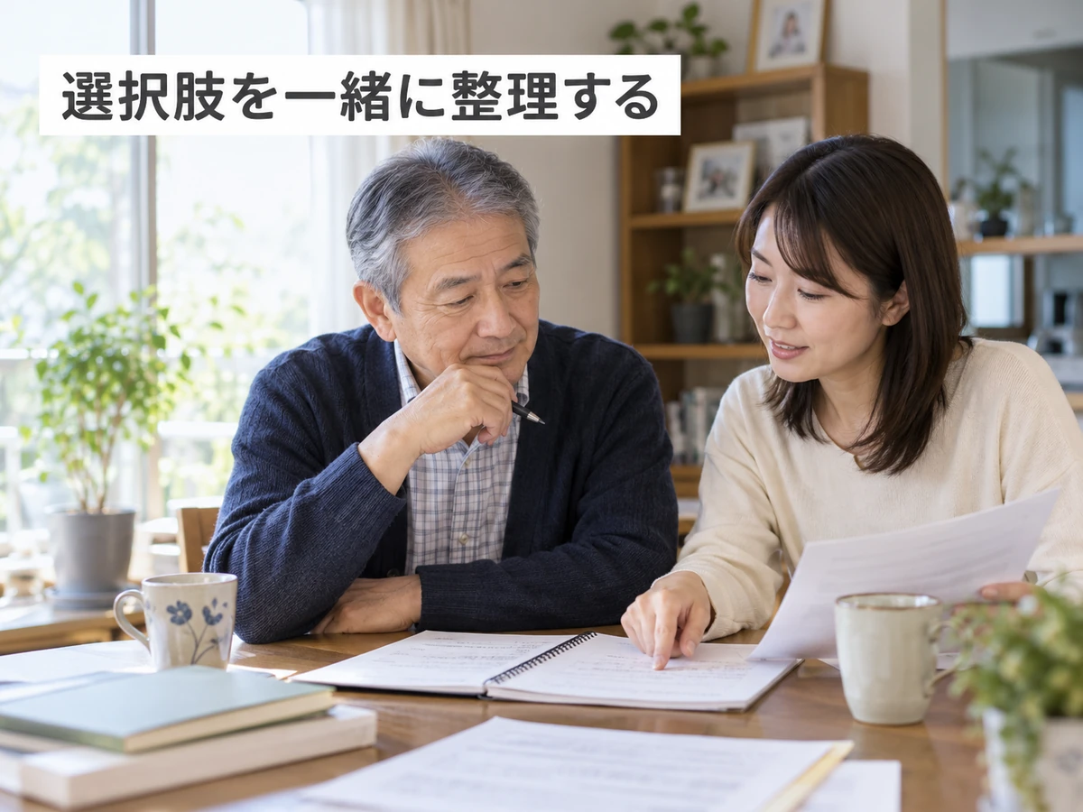 家族と資料を整理する男性と「選択肢を一緒に整理する」の文字。