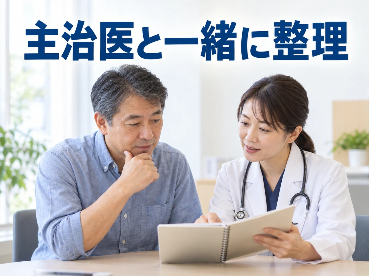 男性と医師がノートを確認する写真に「主治医と一緒に整理」と添えられている。