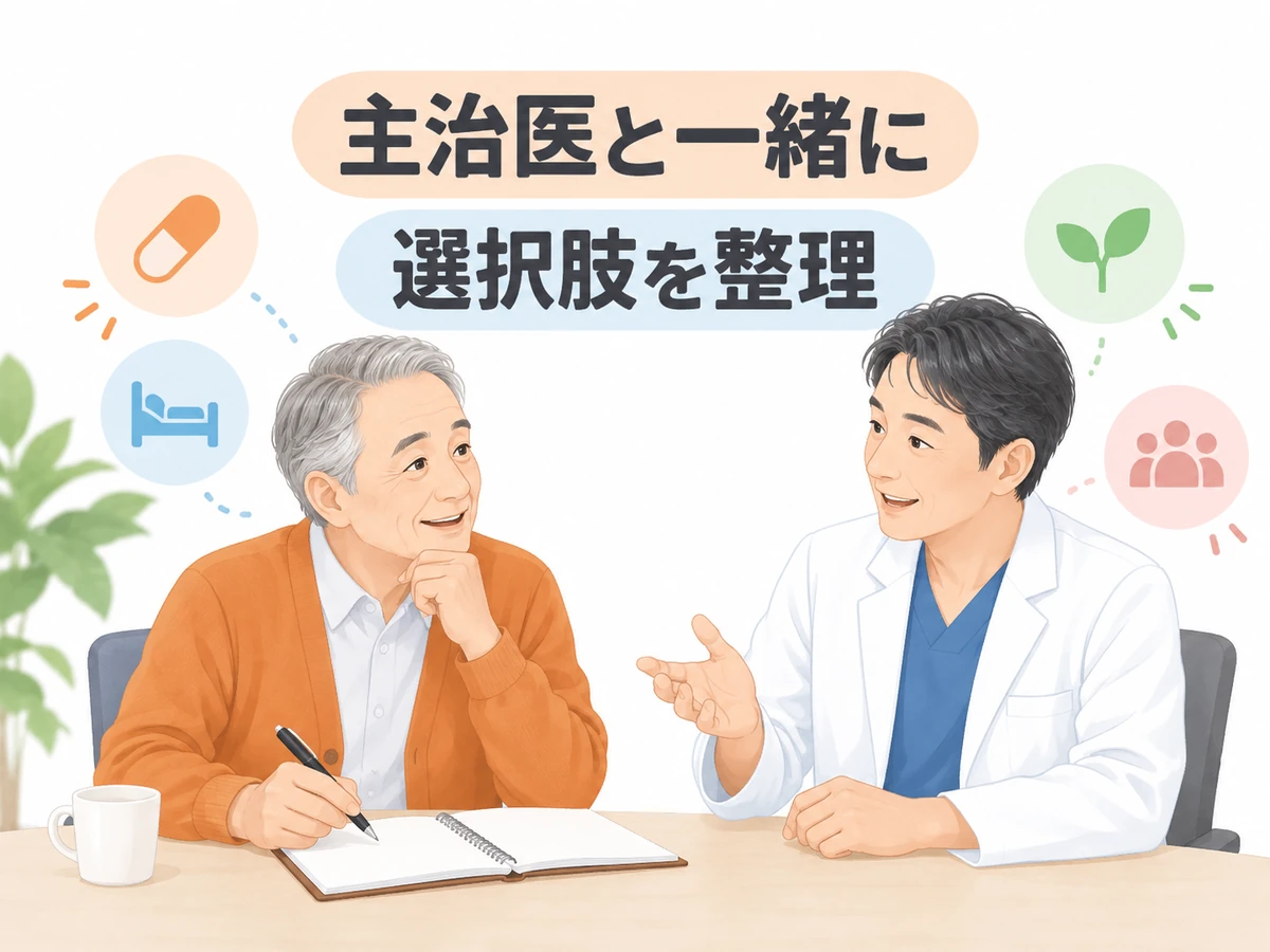 主治医と一緒に選択肢を整理という言葉を添えた、男性と医師の相談イラスト