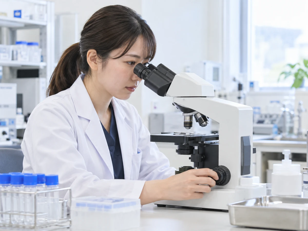 清潔な検査室で顕微鏡を使う検査担当者のイメージ。