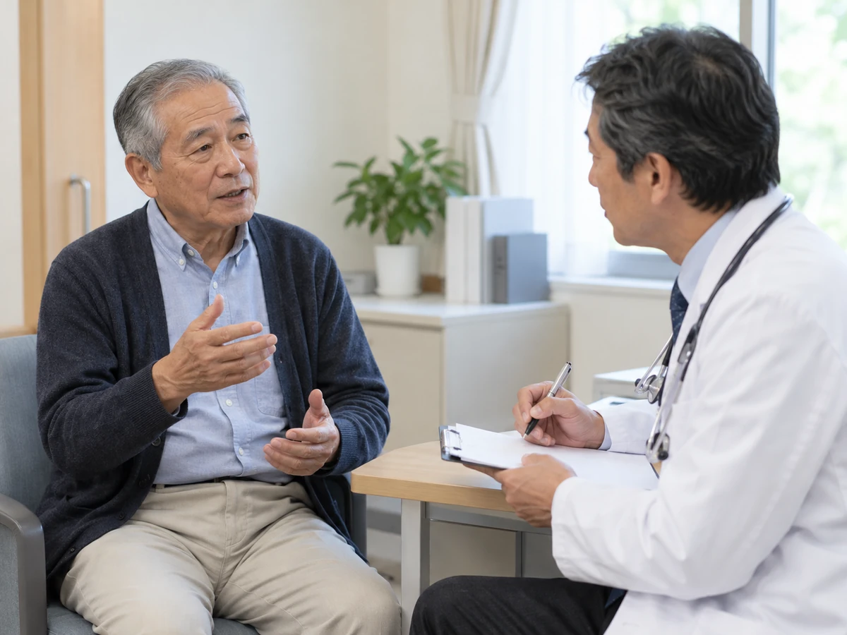 年配の男性が医師に話し、医師がメモを取りながら聞いている様子
