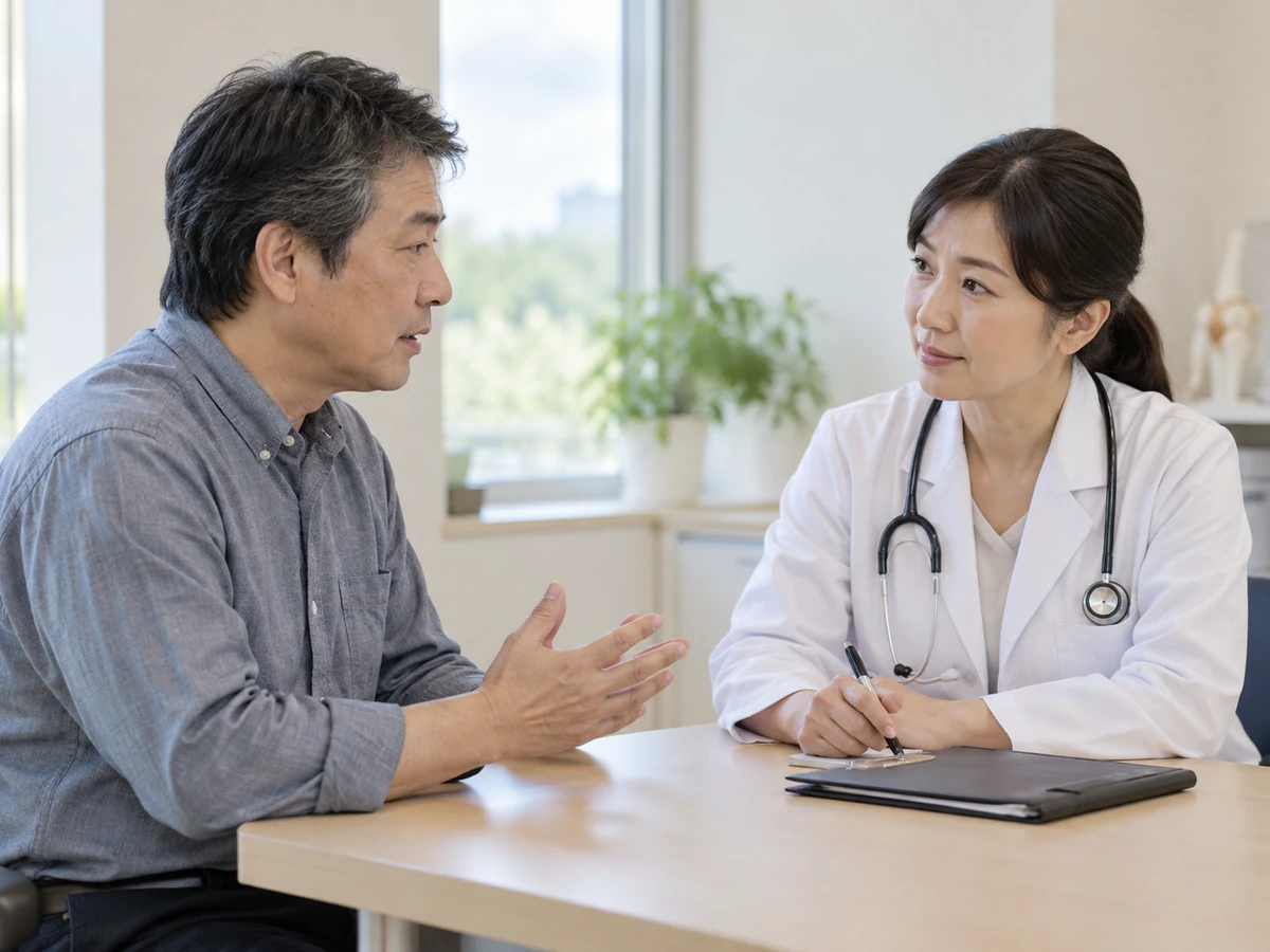 女性医師に自身の健康について相談する男性
