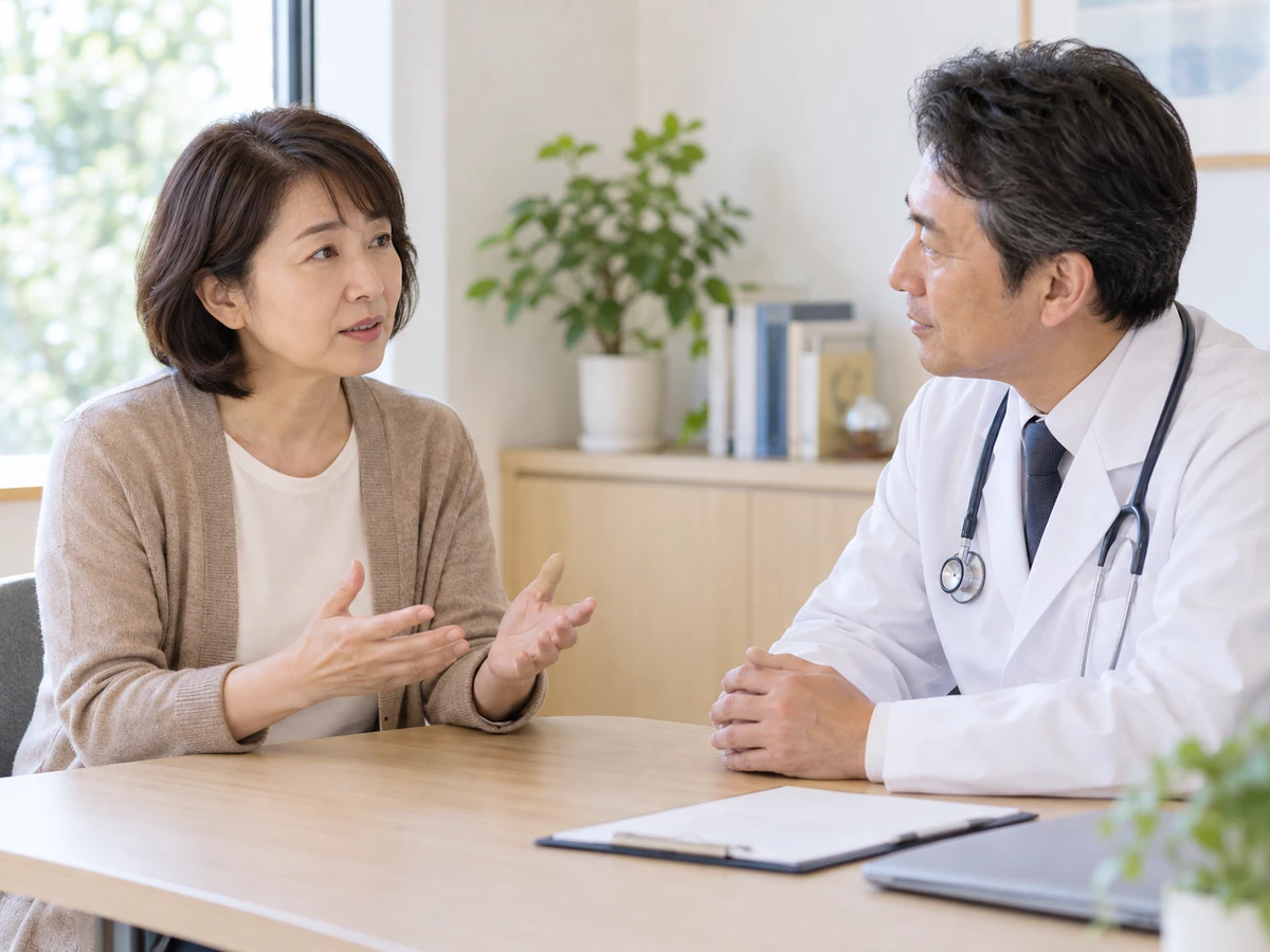 病気について医師に質問する中年女性
