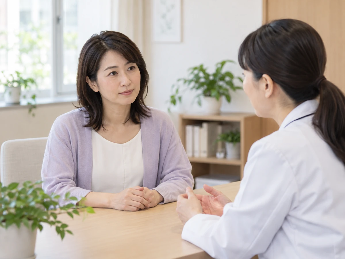 女性が医療者と向かい合い、遺伝的なリスクについて相談するイメージ。