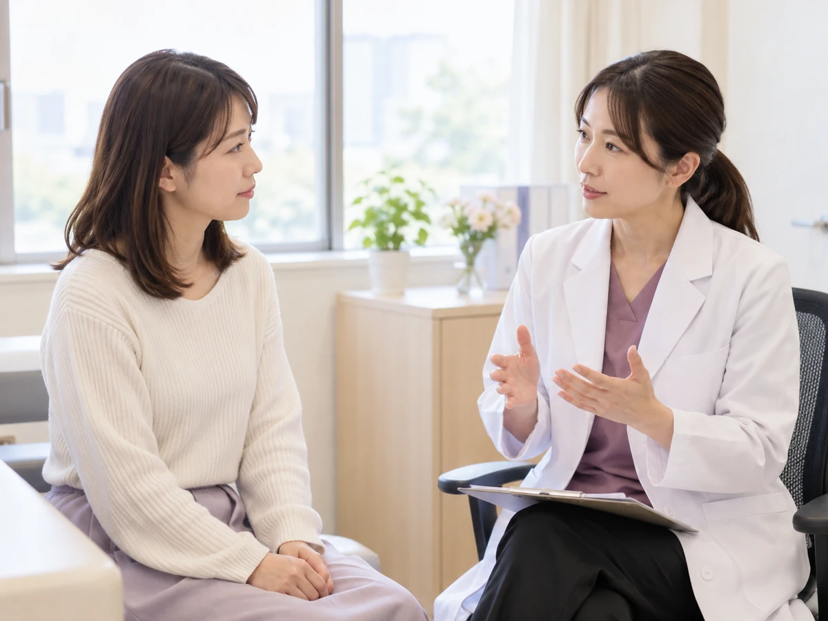 婦人科の相談室で女性医師の説明を聞く女性。