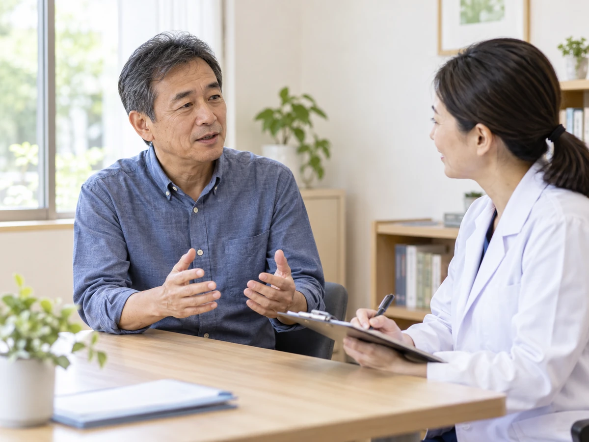 診察室で男性が生活習慣について医療者に話すイメージ。