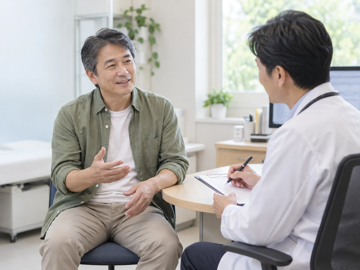 診察室で医師にこれまでの通院や体調について話す男性のイメージ。