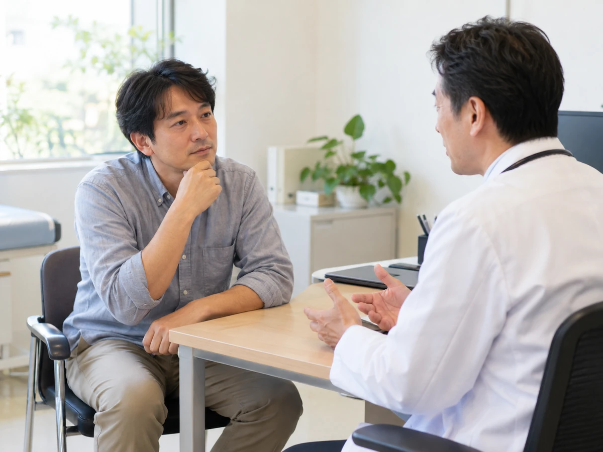 診察室で男性が医師と話し合っている。