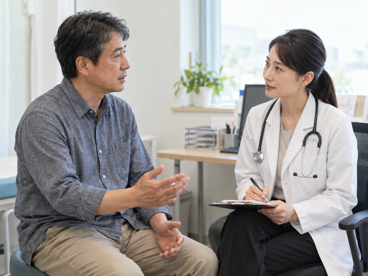 男性が女性医師と向かい合い、生活や仕事について話している相談場面。