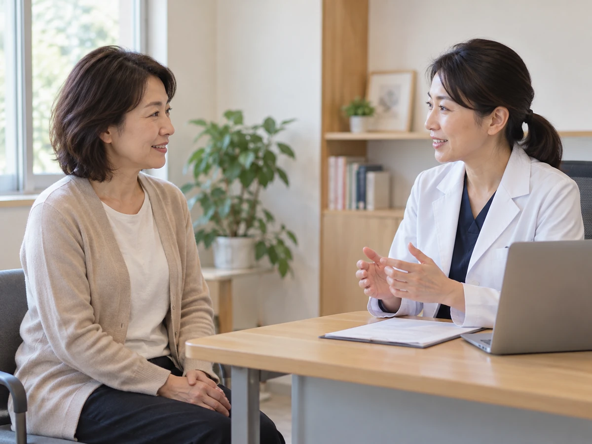 診察室で医師に話をする女性