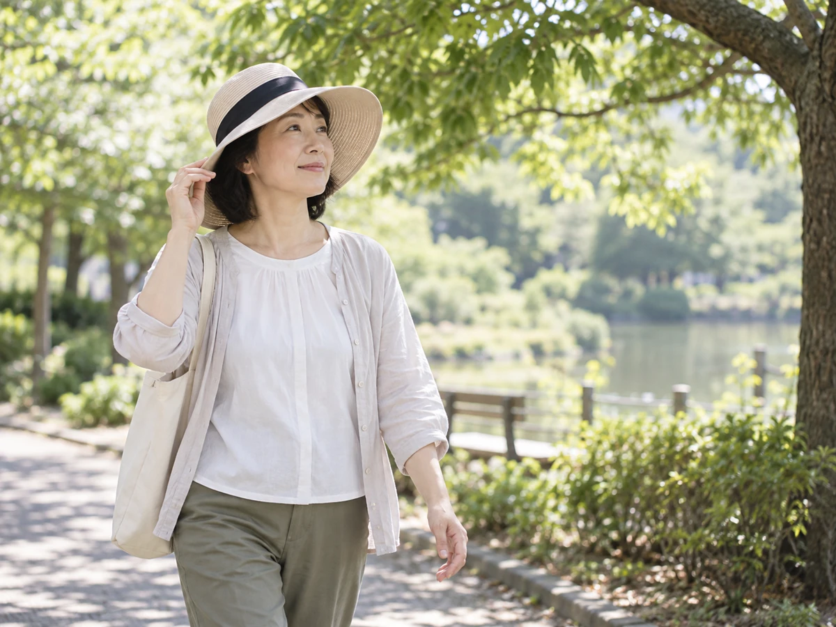 つばの広い帽子をかぶった女性が、公園の木陰を歩いている。