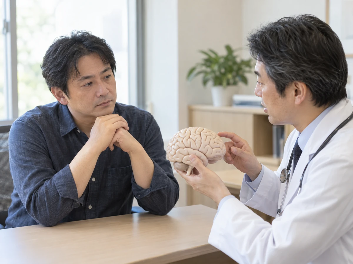 正常な脳の模型を使う医師の説明を聞く男性